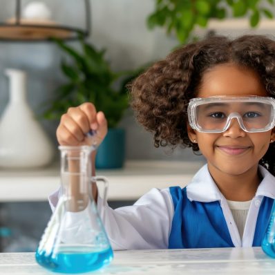 A cute little African American girl wearing safety goggles and a lab coat, conducting a science experiment with a beaker of blue liquid on a white table in a laboratory background. High quality photography with depth of field and extreme detail in a simple minimalist style at high resolution, looking at the camera with accent lighting and global illumination in the style of cinematic. --chaos 55 --ar 16:9 --personalize gy2jn6p Job ID: 82d4f1e4-fbff-4a0d-ad4d-8f92ef40a9df